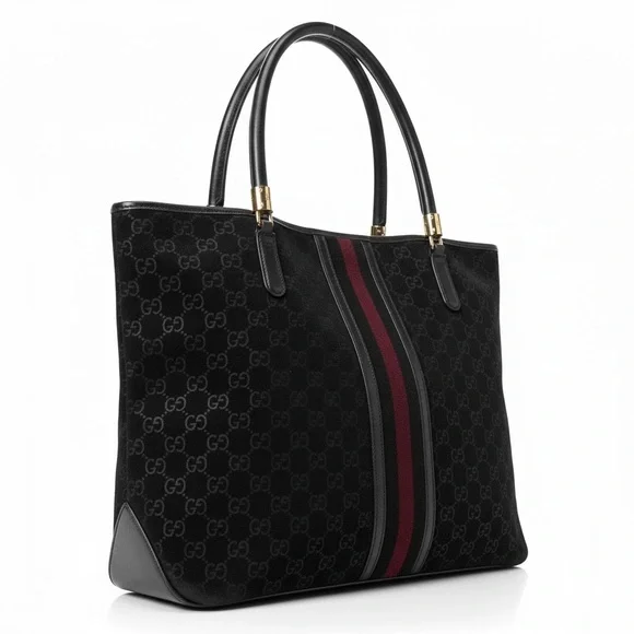 Gucci Black GG Canvas Tote with Burgundy Center Stripe - Picture 5 of 15